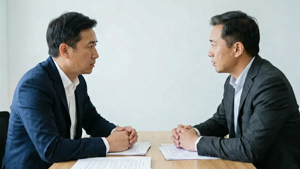 两个人相向而坐进行严肃对话的场景，桌上放着文件，象征不戴套干了朋友老婆怀孕了之后当事人面临的关系沟通与责任协商过程