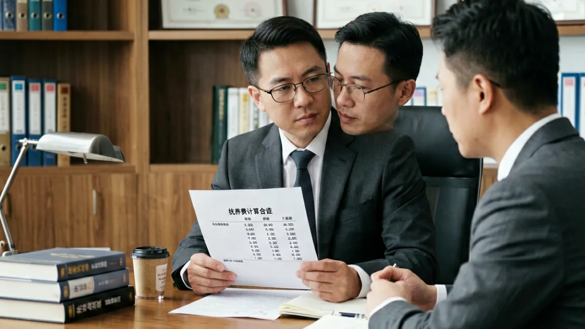 律师事务所内，律师向当事人展示抚养费计算表格，场景对应不戴套干了朋友老婆怀孕了后的法律咨询现场