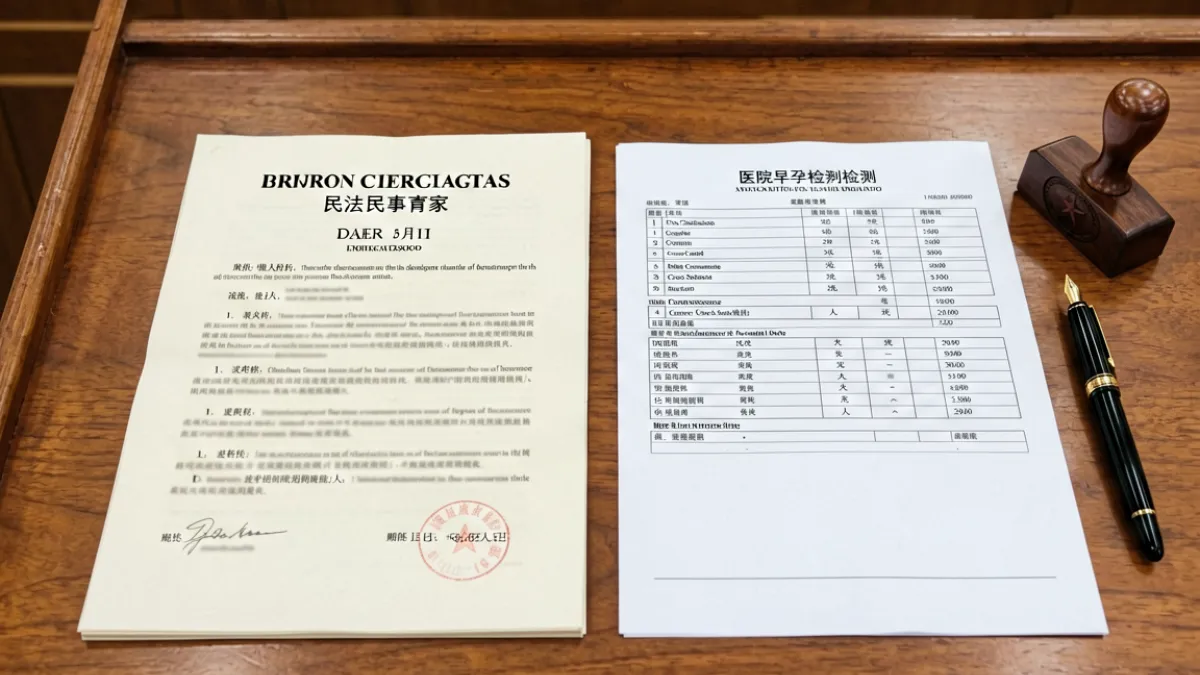 不戴套干了朋友老婆怀孕了 - 法院判决书与怀孕检测报告并排摆放，呈现婚外情怀孕纠纷案件的司法处理场景
