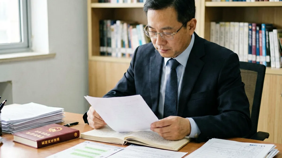 律师在办公室翻阅婚外情怀孕纠纷相关案卷，桌上摆有民法典书籍与证据材料