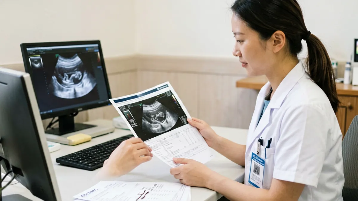 女性在医院妇科门诊接受早期妊娠确认检查，医生在解释验孕报告结果