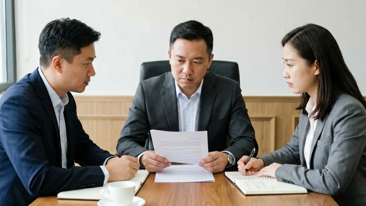 男女双方与律师坐在谈判桌旁讨论意外生育后的抚养权与责任分担协议